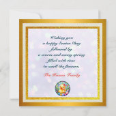 かわいい復活祭の雛、花、カラフル卵 セーブザデート (裏面)