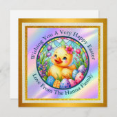 かわいい復活祭の雛、花、カラフル卵 セーブザデート (正面/裏面)