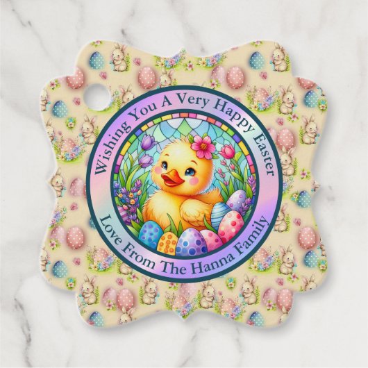かわいい復活祭の雛、花、カラフル卵 フェイバータグ (正面)