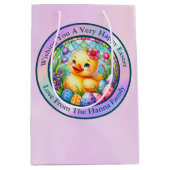 かわいい復活祭の雛、花、カラフル卵 ミディアムペーパーバッグ (正面)