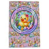 かわいい復活祭の雛、花、カラフル卵 ミディアムペーパーバッグ (正面)