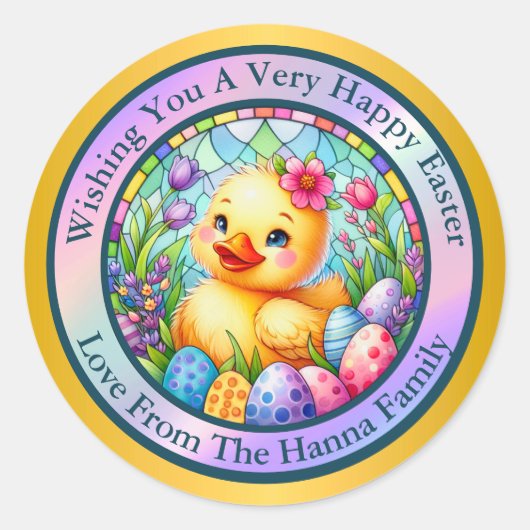 かわいい復活祭の雛、花、カラフル卵 ラウンドシール (正面)