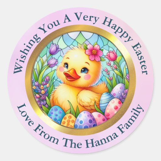かわいい復活祭の雛、花、カラフル卵 ラウンドシール (正面)
