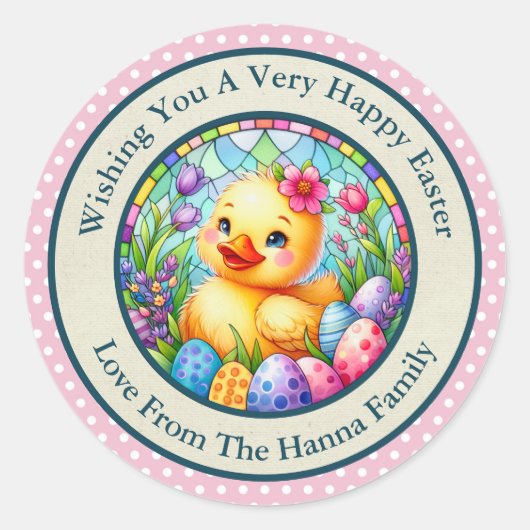 かわいい復活祭の雛、花、カラフル卵 ラウンドシール (正面)