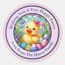 かわいい復活祭の雛、花、カラフル卵 ラウンドシール