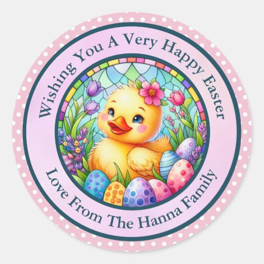 かわいい復活祭の雛、花、カラフル卵 ラウンドシール (正面)