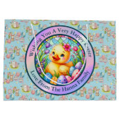 かわいい復活祭の雛、花、カラフル卵 ラージペーパーバッグ (裏面)