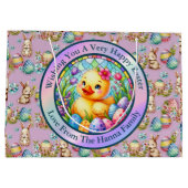 かわいい復活祭の雛、花、カラフル卵 ラージペーパーバッグ (裏面)
