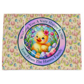 かわいい復活祭の雛、花、カラフル卵 ラージペーパーバッグ (正面)
