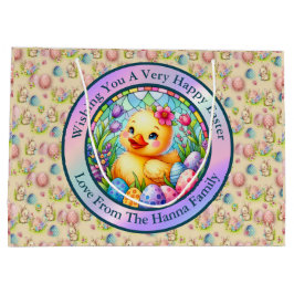 かわいい復活祭の雛、花、カラフル卵 ラージペーパーバッグ