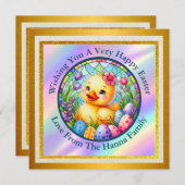 かわいい復活祭の雛、花、カラフル卵 招待状 (正面/裏面)