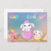 かわいい復活祭バニー，復活祭カラフルの卵，復活祭 ポストカード (正面/裏面)
