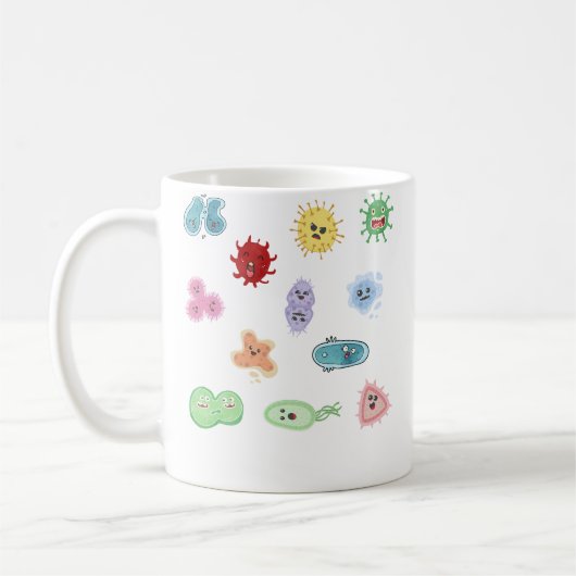 かわいい微生物 細菌 ウイルス 大腸菌 微生物学 シームレス コーヒーマグカップ (左)