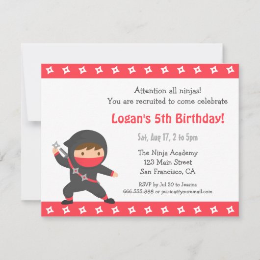 かわいい忍者の子供の誕生日パーティーの招待状 招待状 (正面)