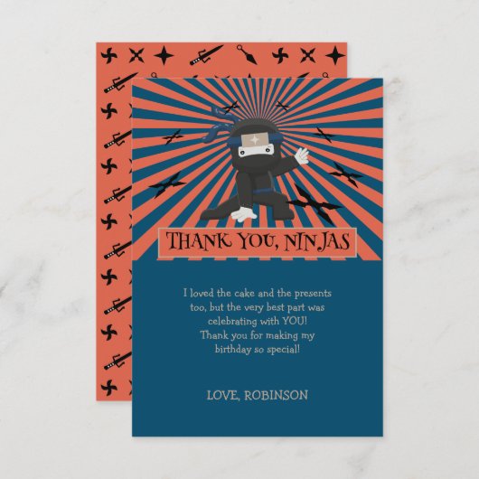 かわいい忍者ウォリアーキッズの誕生日 サンキューカード (正面/裏面)
