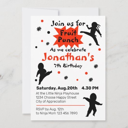 かわいい忍者ウォリアー子供の誕生日パーティー 招待状 (正面)