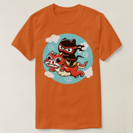 かわいい忍者ネコ赤いドラゴンに乗る Tシャツ (デザイン正面)