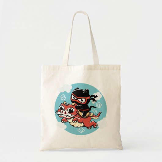 かわいい忍者ネコ赤いドラゴンボタンに乗る トートバッグ (正面)
