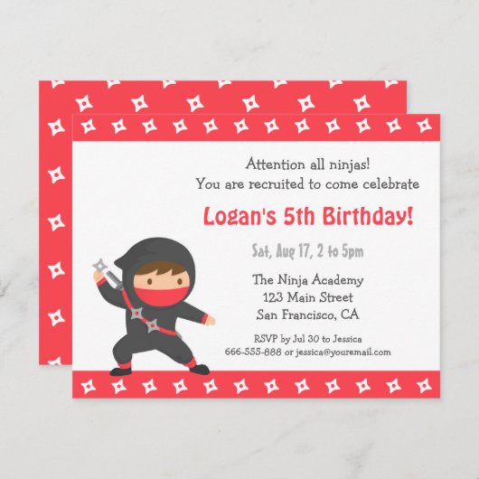 かわいい忍者子供の誕生日パーティの招待状 招待状 (正面/裏面)