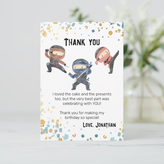 かわいい忍者子供の誕生日パーティー サンキューカード (スタンド正面)