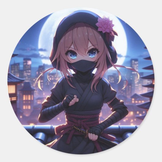 かわいい忍者戦士の女の子 ラウンドシール (正面)