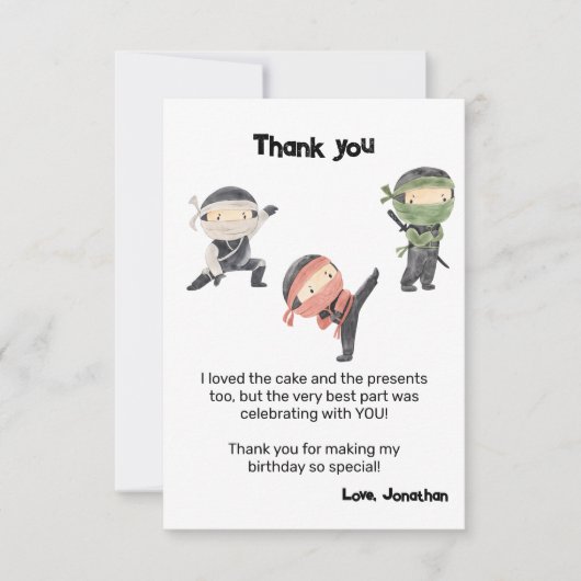 かわいい忍者戦士の子供の誕生日パーティー サンキューカード (正面)