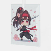 かわいい忍者戦士の花の女の子 ガラスオーナメント (正面左)