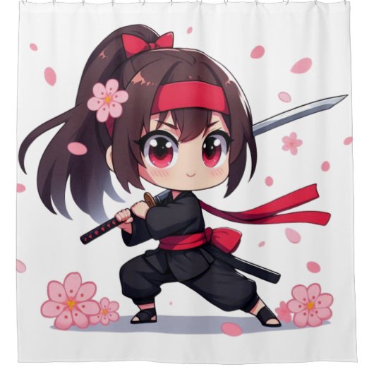 かわいい忍者戦士の花の女の子 シャワーカーテン (正面)