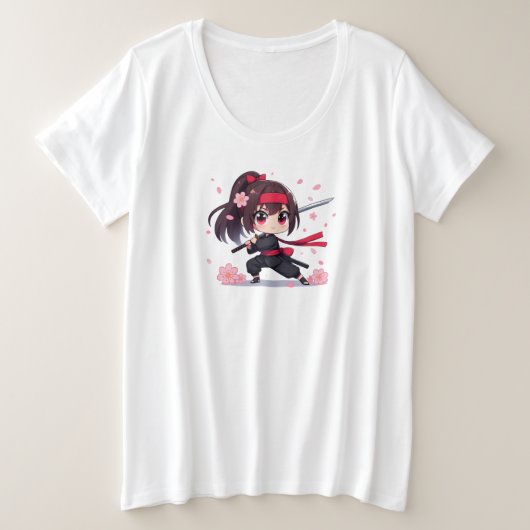 かわいい忍者戦士の花の女の子 プラスサイズTシャツ (デザイン正面)