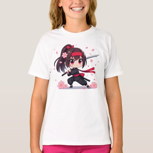 かわいい忍者戦士の花の女の子 Tシャツ (正面)