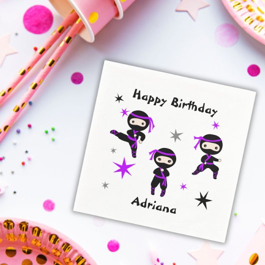 かわいい忍者戦士子供の誕生日パーティー紫 スタンダードカクテルナプキン