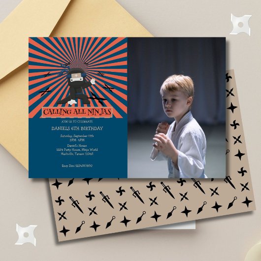 かわいい忍者戦士子供の誕生日写真 招待状