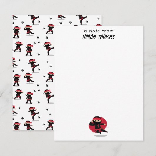 かわいい忍者戦士 ブラック&レッド 子供用カスタム名 ノートカード (正面/裏面)