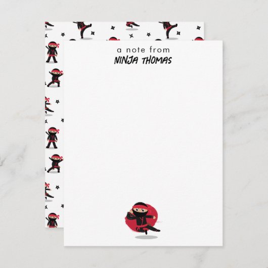 かわいい忍者戦士 ブラック＆レッド 子供用 オーダーネーム ノートカード (正面/裏面)