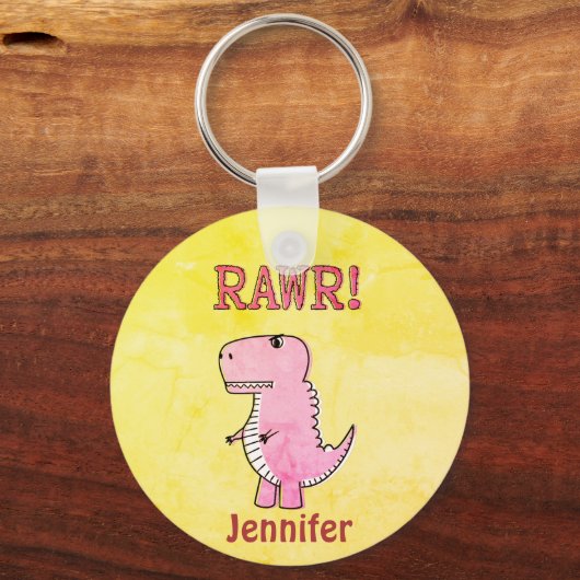 かわいい怒とピンクの漫画Tレックス古い紙 キーホルダー (正面)