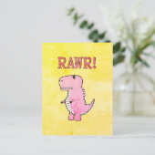 かわいい怒とピンクの漫画Tレックス古い紙 ポストカード (スタンド正面)