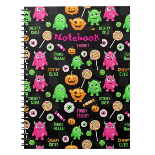 「かわいい怖い」モンスターとハロウィンの楽しみ シームレス ノートブック (正面)