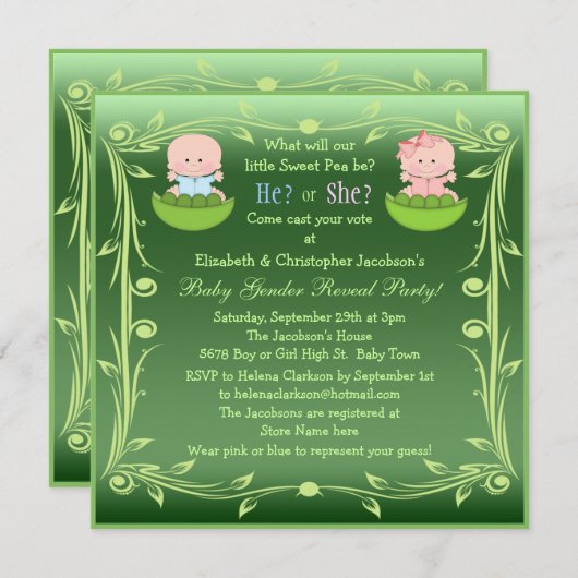 かわいい性はエンドウ豆の鞘のベビーを明らかにします 招待状 (正面/裏面)