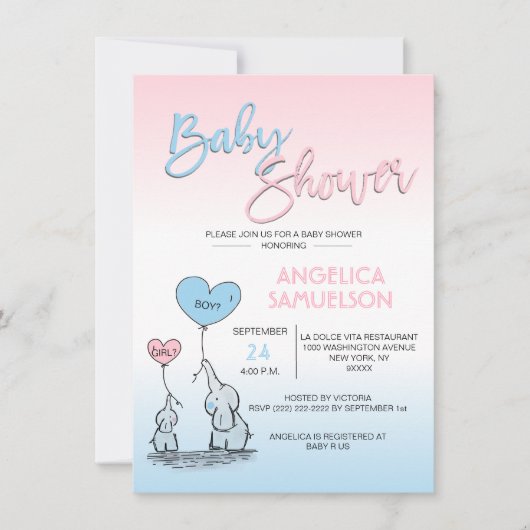 かわいい性別発表 ニュートラルな象の赤ちゃんシャワー 招待状 (正面)