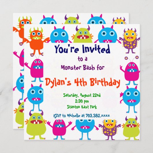 かわいい怪物誕生会の招待テンプレート 招待状 (正面/裏面)