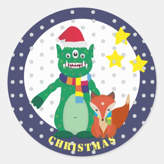 かわいい怪物、レトロなキツネ新年おめでとう ラウンドシール (正面)