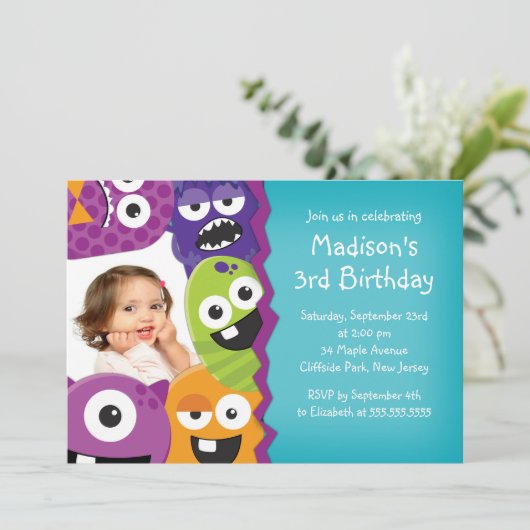 かわいい怪獣写真バースデーパーティ招待状 招待状 (スタンド正面)