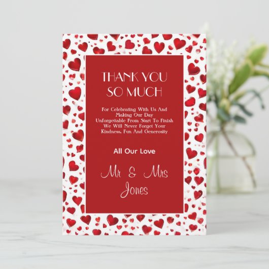 かわいい恋のハート赤と白結婚ズ サンキューカード (スタンド正面)