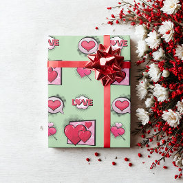 かわいい恋の漫画本スタイルグリーンハートギフト ラッピングペーパー