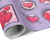 かわいい恋の漫画本スタイル紫のハートギフト ラッピングペーパー (ロールコーナー)