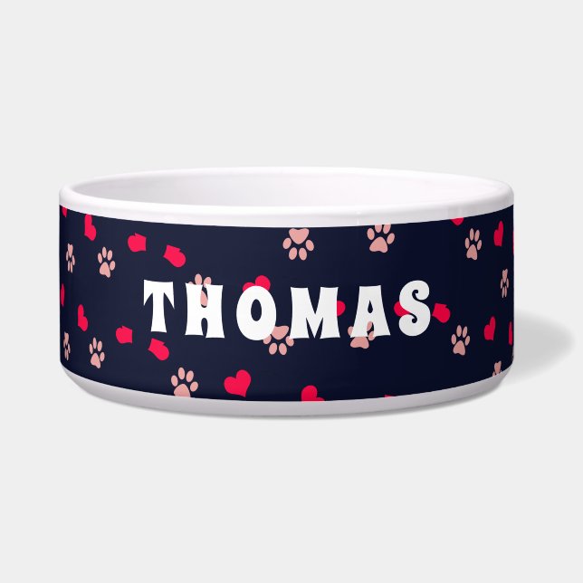 かわいい恋ハートと前足レッドピンク ボウル (正面)