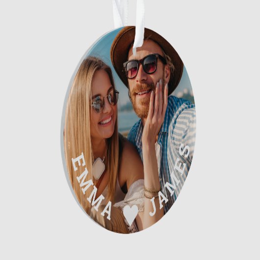 かわいい恋ハートフォトカップルの名パーソナライズされた前 オーナメント (正面)