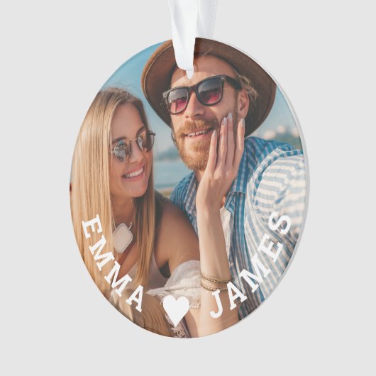 かわいい恋ハートフォトカップルの名パーソナライズされた前 オーナメント (正面)