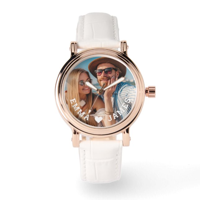 かわいい恋ハートフォトカップルの名パーソナライズされた前 腕時計 (正面)