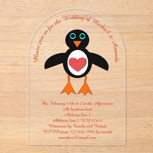 かわいい恋ハートペンギンのカスタムウェディング アクリル招待状 (正面)